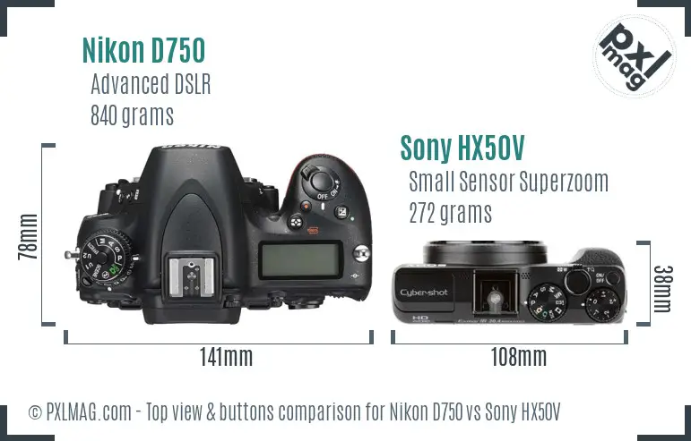 Nikon D750 vs Sony HX50V top view buttons comparison