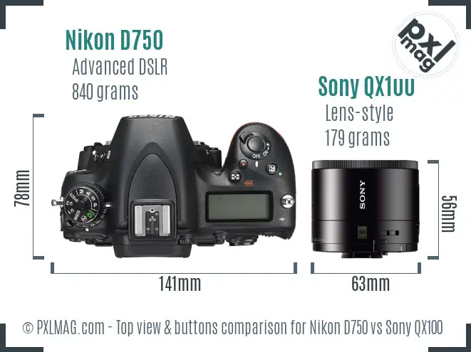 Nikon D750 vs Sony QX100 top view buttons comparison