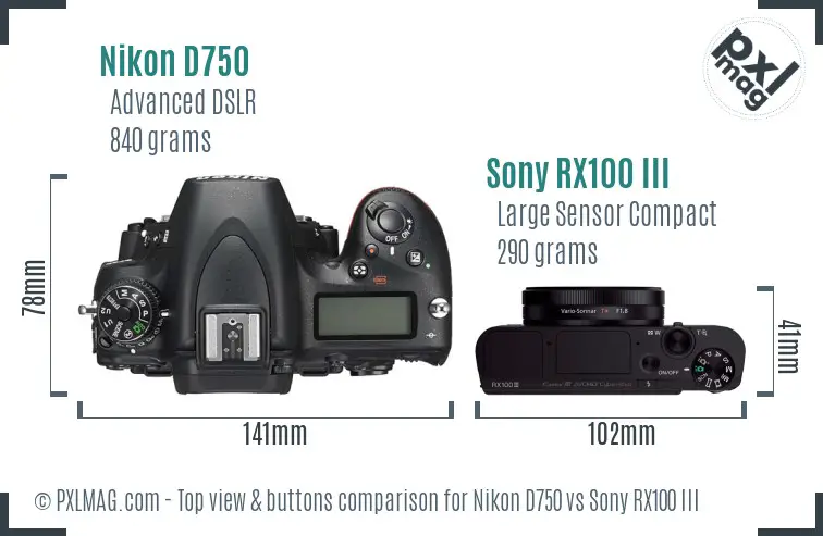 Nikon D750 vs Sony RX100 III top view buttons comparison