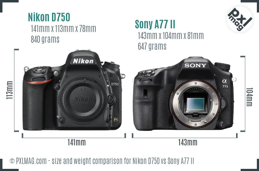 Nikon D750 vs Sony A77 II size comparison