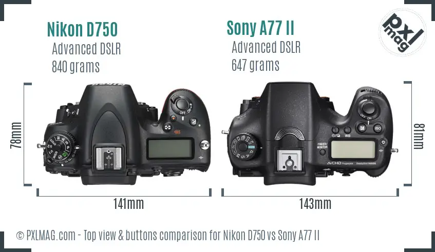 Nikon D750 vs Sony A77 II top view buttons comparison