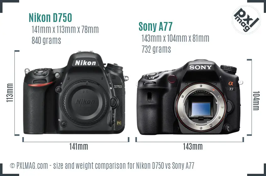 Nikon D750 vs Sony A77 size comparison
