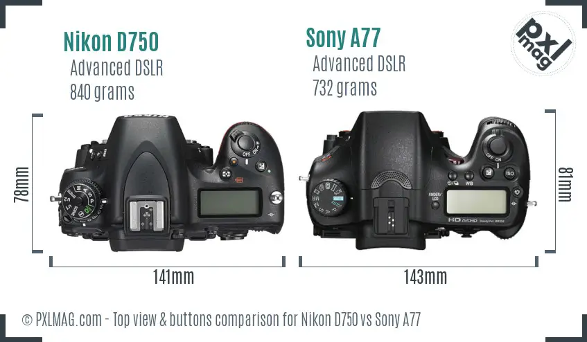 Nikon D750 vs Sony A77 top view buttons comparison