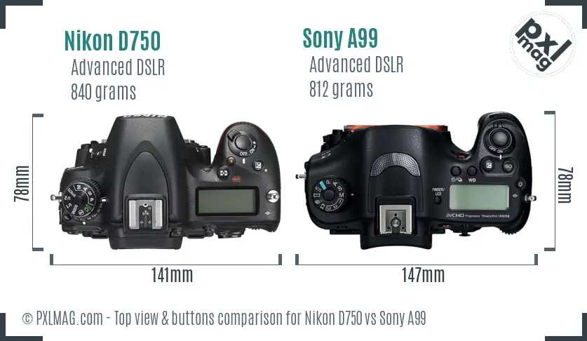 Nikon D750 vs Sony A99 top view buttons comparison