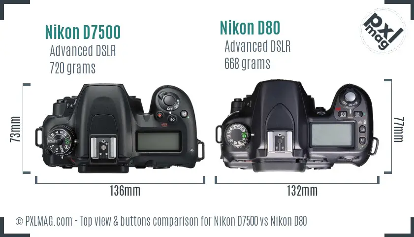 Nikon D7500 vs Nikon D80 top view buttons comparison