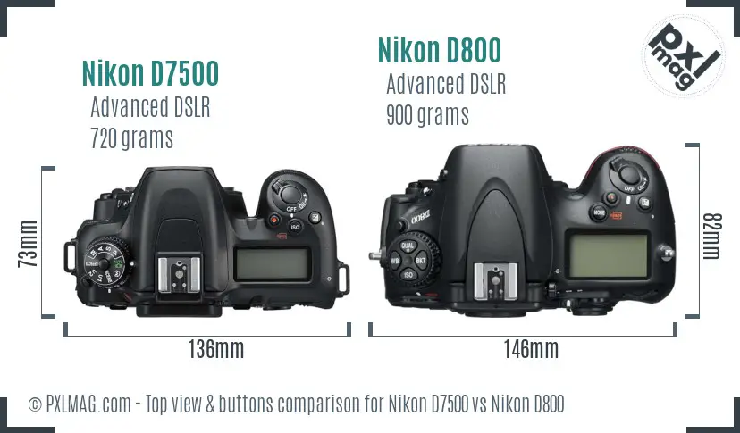 Nikon D7500 vs Nikon D800 top view buttons comparison