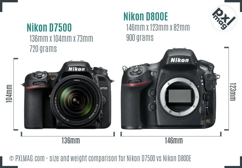 Nikon D7500 vs Nikon D800E size comparison