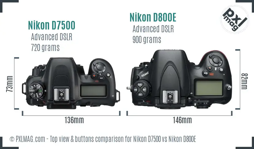 Nikon D7500 vs Nikon D800E top view buttons comparison