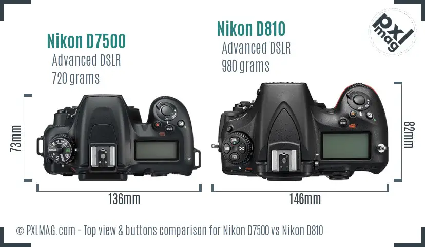 Nikon D7500 vs Nikon D810 top view buttons comparison