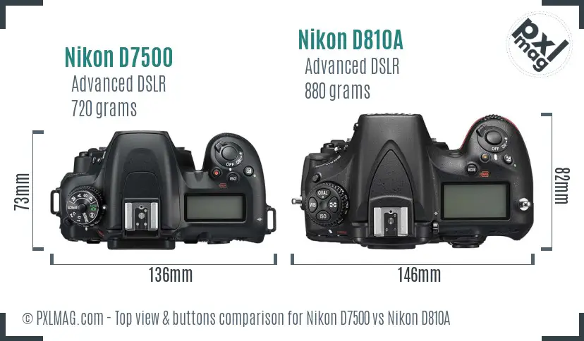 Nikon D7500 vs Nikon D810A top view buttons comparison
