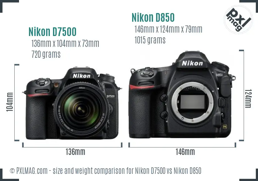 Nikon D7500 vs Nikon D850 size comparison