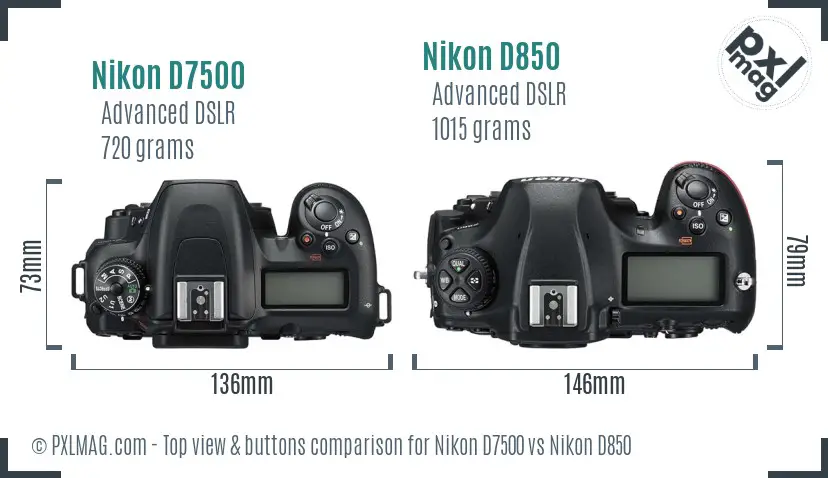 Nikon D7500 vs Nikon D850 top view buttons comparison