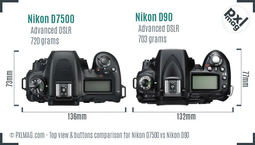 Nikon D7500 vs Nikon D90 top view buttons comparison