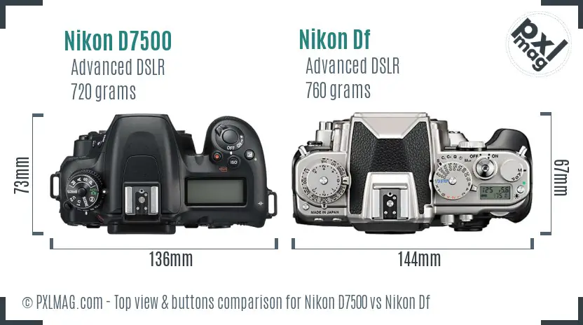 Nikon D7500 vs Nikon Df top view buttons comparison