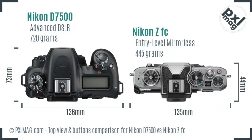 Nikon D7500 vs Nikon Z fc top view buttons comparison