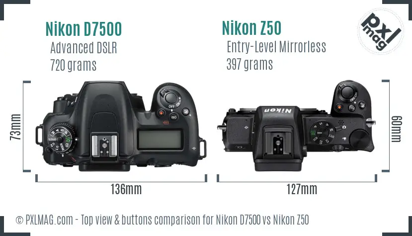 Nikon D7500 vs Nikon Z50 top view buttons comparison Nikon D7500 vs Nikon Z50 top view buttons comparison