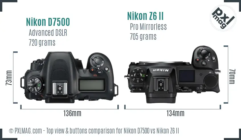 Nikon D7500 vs Nikon Z6 II top view buttons comparison