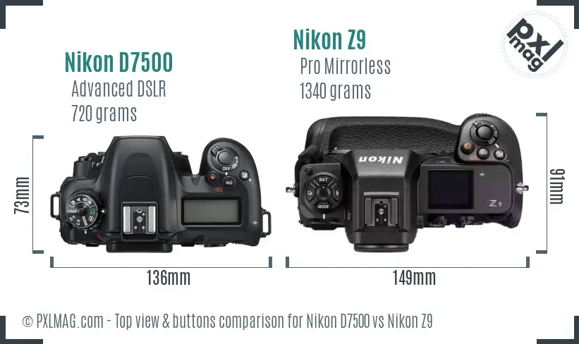 Nikon D7500 vs Nikon Z9 top view buttons comparison Nikon D7500 vs Nikon Z9 top view buttons comparison