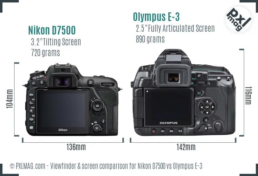 Nikon D7500 vs Olympus E-3 Screen and Viewfinder comparison