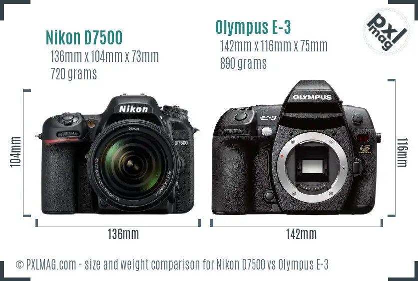 Nikon D7500 vs Olympus E-3 size comparison