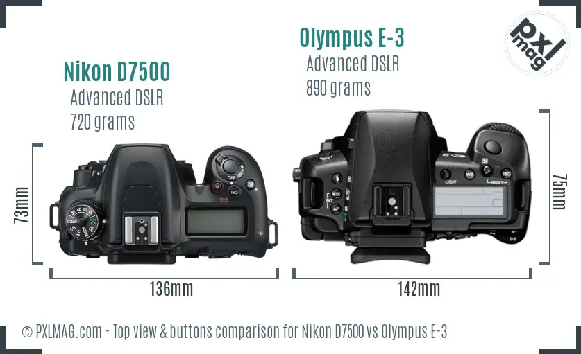 Nikon D7500 vs Olympus E-3 top view buttons comparison