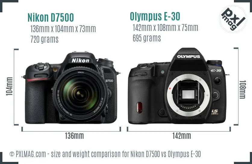 Nikon D7500 vs Olympus E-30 size comparison