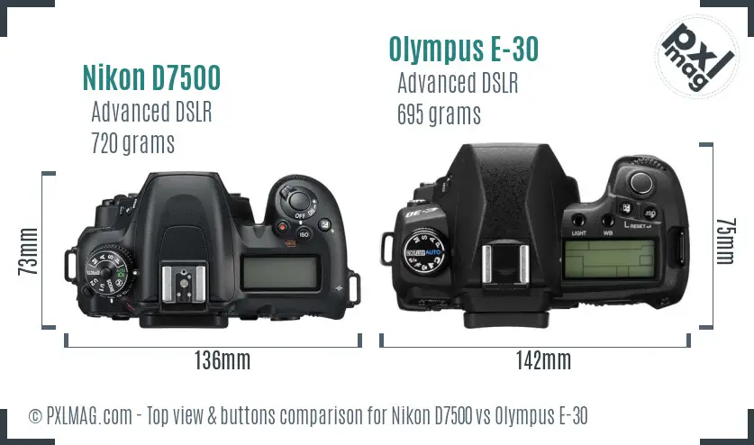 Nikon D7500 vs Olympus E-30 top view buttons comparison