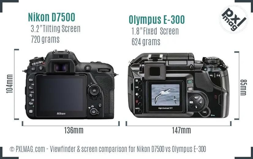 Nikon D7500 vs Olympus E-300 Screen and Viewfinder comparison