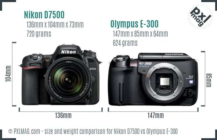 Nikon D7500 vs Olympus E-300 size comparison