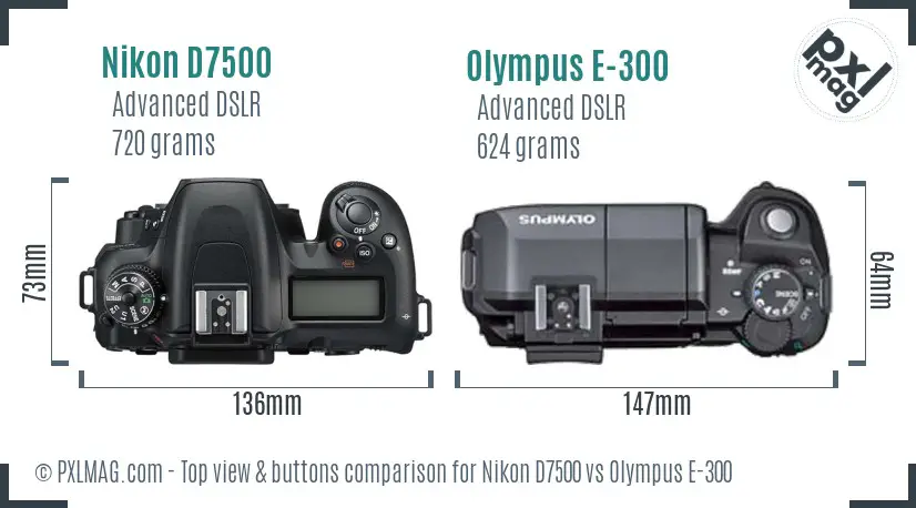Nikon D7500 vs Olympus E-300 top view buttons comparison