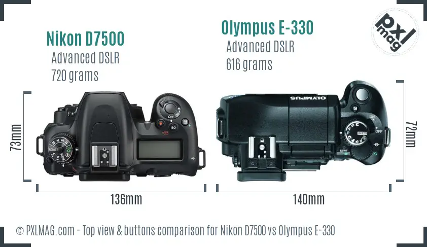 Nikon D7500 vs Olympus E-330 top view buttons comparison