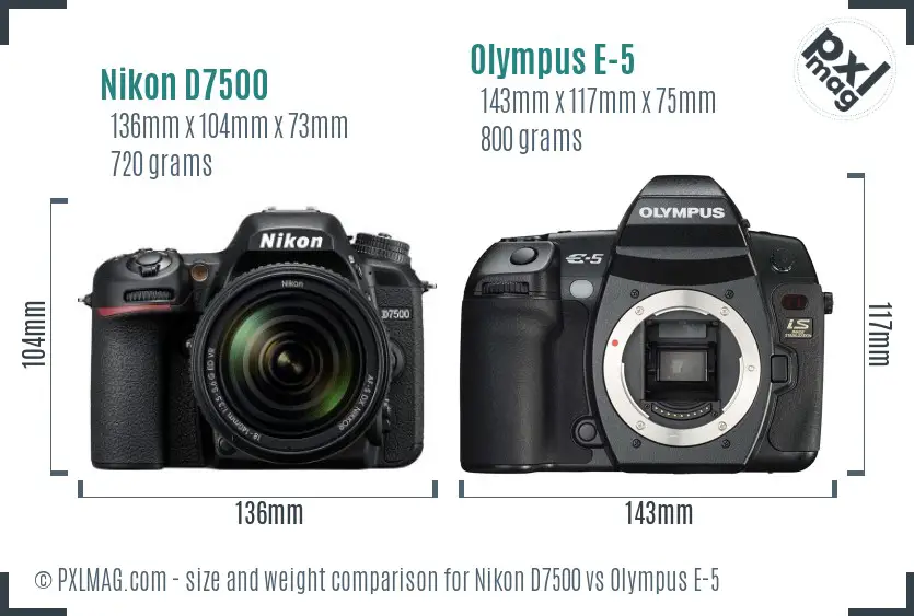 Nikon D7500 vs Olympus E-5 size comparison