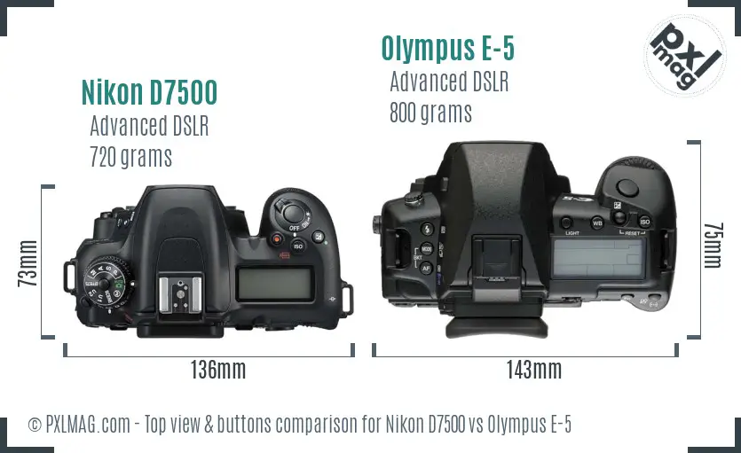 Nikon D7500 vs Olympus E-5 top view buttons comparison