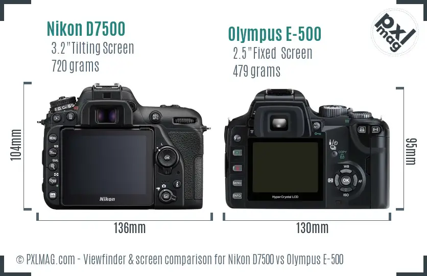 Nikon D7500 vs Olympus E-500 Screen and Viewfinder comparison