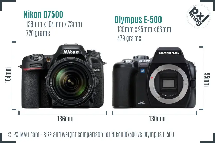 Nikon D7500 vs Olympus E-500 size comparison