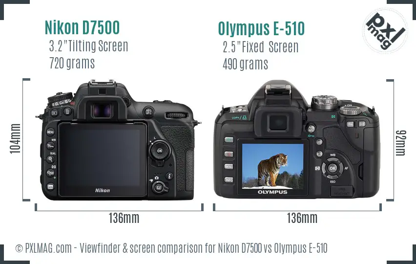Nikon D7500 vs Olympus E-510 Screen and Viewfinder comparison