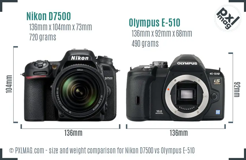 Nikon D7500 vs Olympus E-510 size comparison