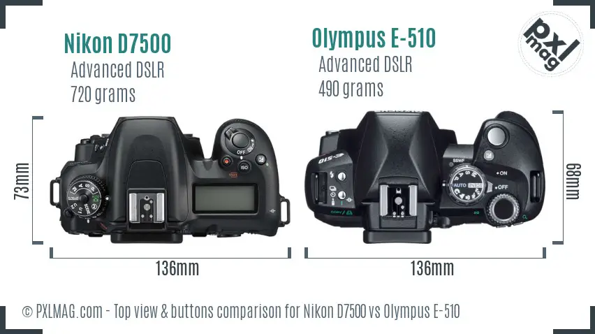Nikon D7500 vs Olympus E-510 top view buttons comparison