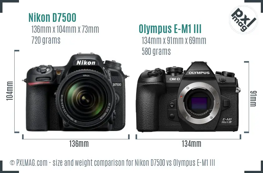 Nikon D7500 vs Olympus E-M1 III size comparison