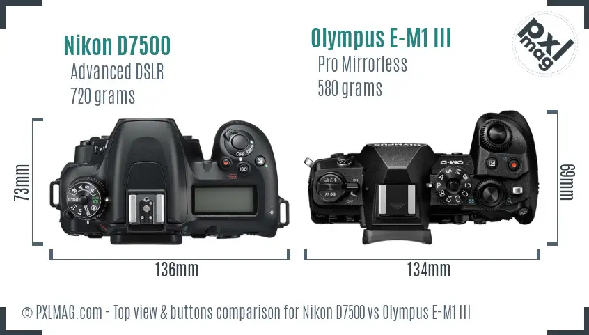 Nikon D7500 vs Olympus E-M1 III top view buttons comparison