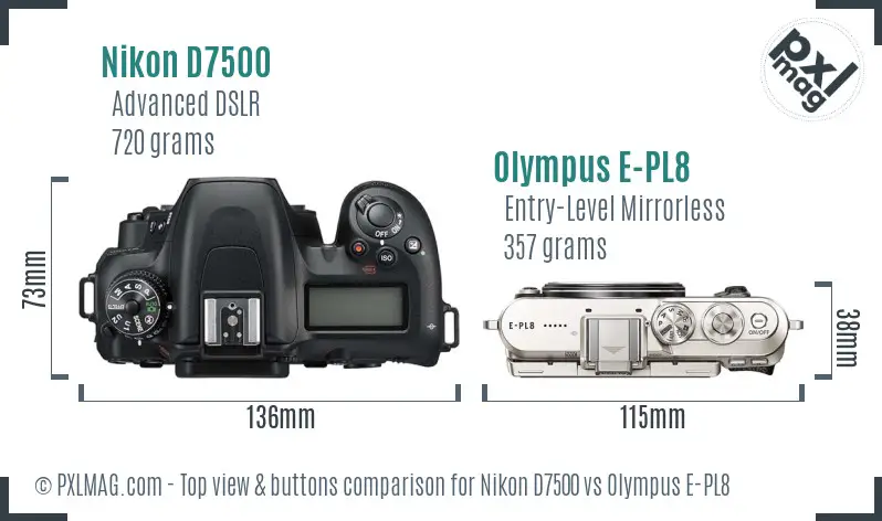 Nikon D7500 vs Olympus E-PL8 top view buttons comparison