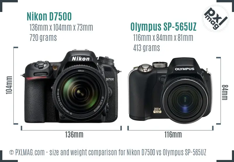 Nikon D7500 vs Olympus SP-565UZ size comparison