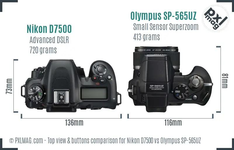 Nikon D7500 vs Olympus SP-565UZ top view buttons comparison