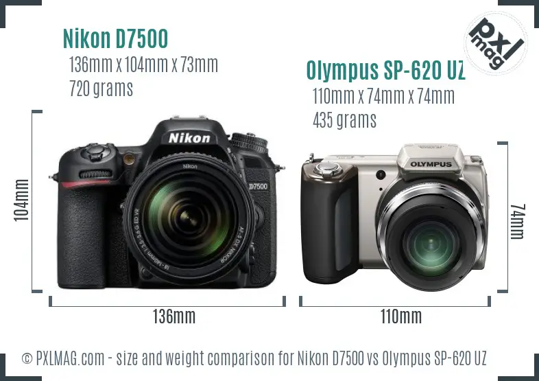 Nikon D7500 vs Olympus SP-620 UZ size comparison