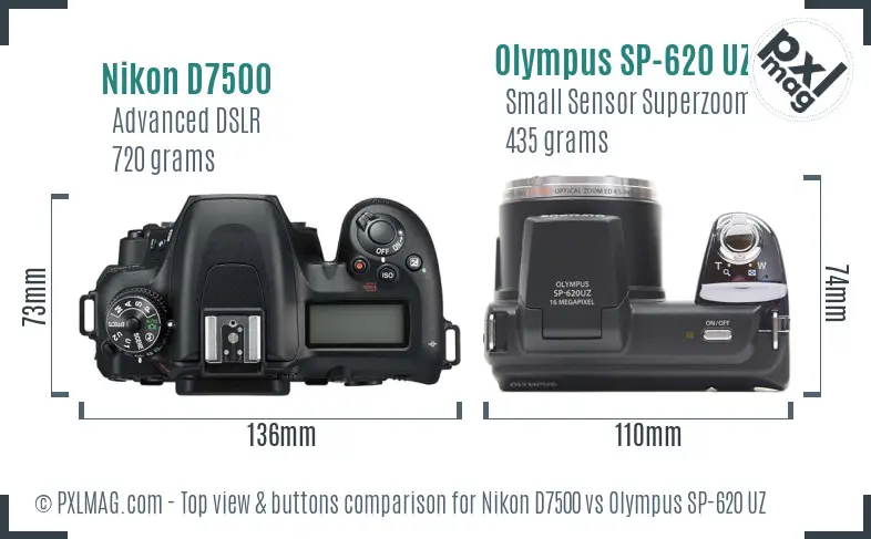 Nikon D7500 vs Olympus SP-620 UZ top view buttons comparison