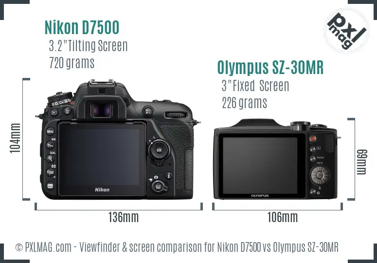 Nikon D7500 vs Olympus SZ-30MR Screen and Viewfinder comparison