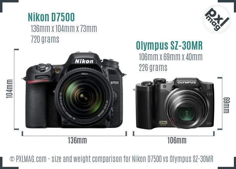 Nikon D7500 vs Olympus SZ-30MR size comparison