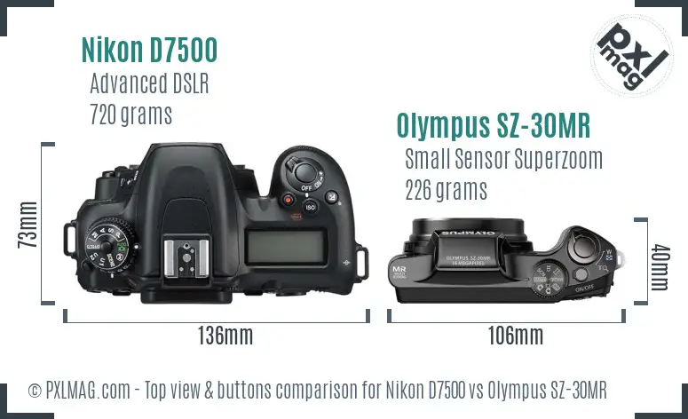 Nikon D7500 vs Olympus SZ-30MR top view buttons comparison