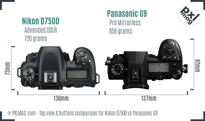 Nikon D7500 vs Panasonic G9 top view buttons comparison