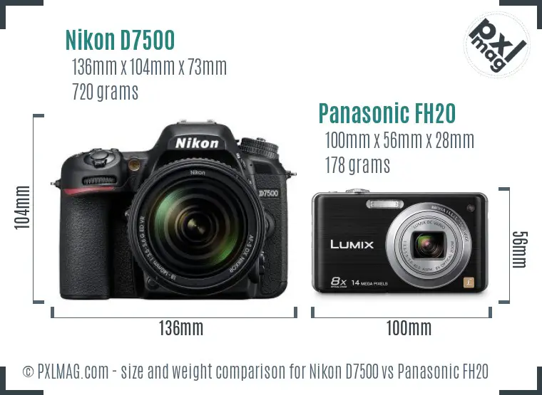 Nikon D7500 vs Panasonic FH20 size comparison